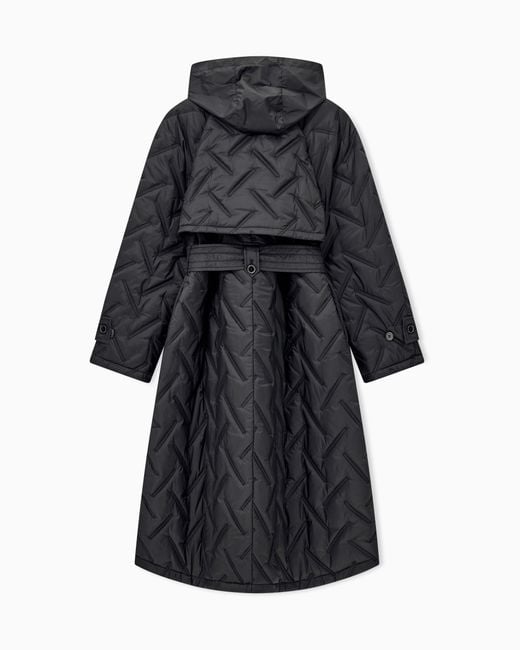 Emporio Armani Black Long Quilted Light Nylon Coat With A Hood And Belt