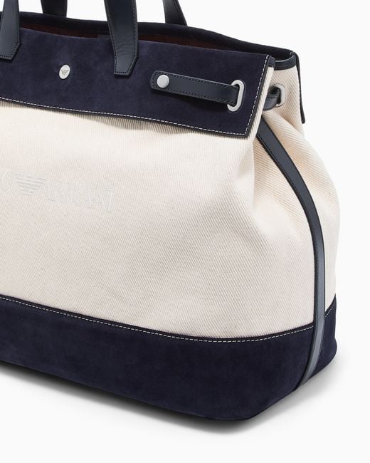 Emporio Armani Blue Canvas Shopper Bag With Leather Details for men