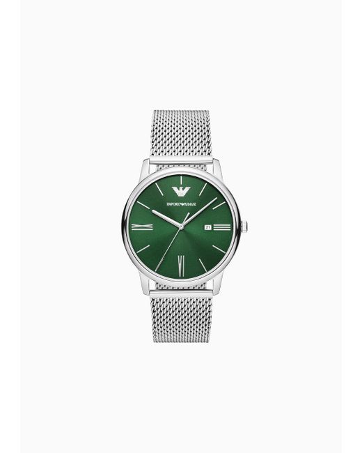 Emporio Armani Green Three-hand Date Stainless Steel Mesh Watch for men