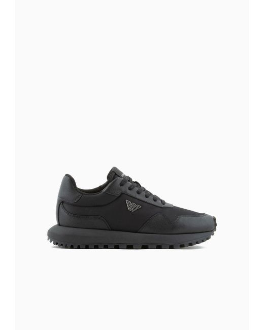 Sneakers In Nylon Riciclato Con Dettagli In Saffiano Rigenerato Ari Sustainability Values di Emporio Armani in Black da Uomo