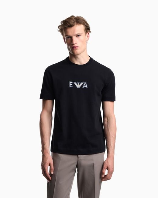 Emporio Armani Blue Heavy Jersey T-Shirt With Metal Logo Embroidery for men