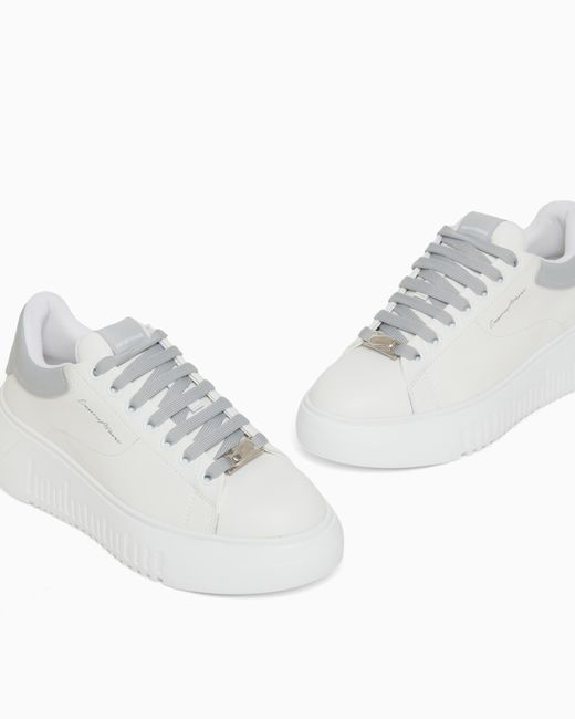 Emporio Armani White Smooth Leather Sneakers Icon With A Thick Textured Sole