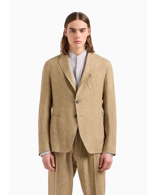 Emporio Armani Natural Single-breasted Jacket In Faded Linen With A Crêpe Texture for men