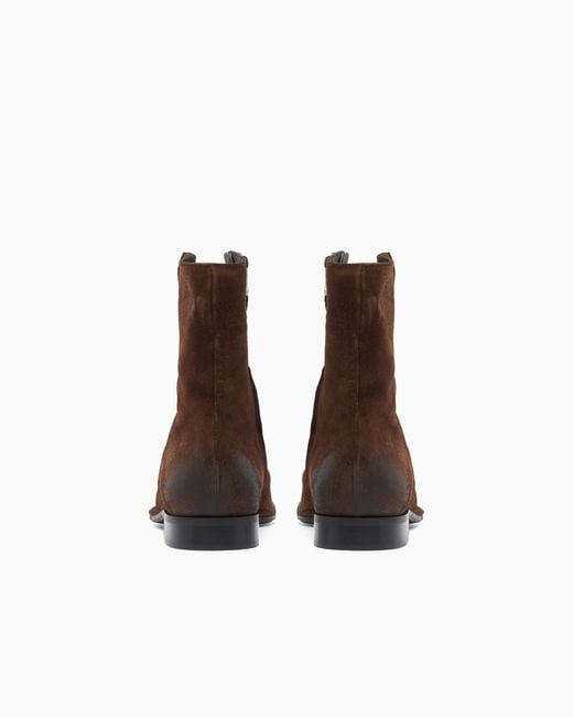 Emporio Armani Brown Oiled Suede Ankle Boots With Leather Lining And Rounded Toe for men