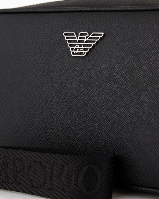 Emporio Armani Black Regenerated Saffiano Leather Washbag With Eagle Plate for men