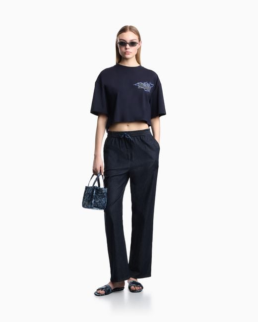Emporio Armani Blue Cropped Jersey T-Shirt With Eagle Print
