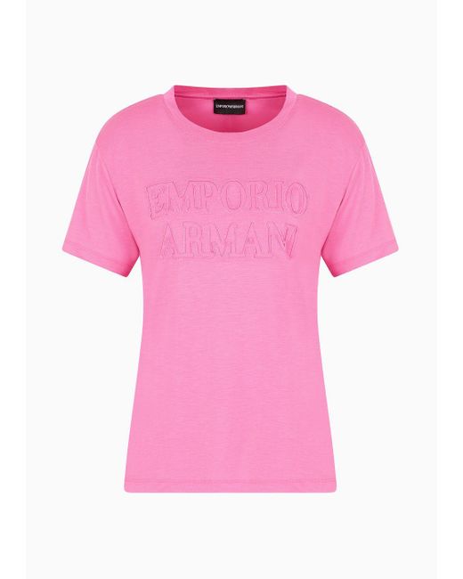 T-shirt Con Logo Effetto Devoré In Lyocell Lavato Asv di Emporio Armani in Pink