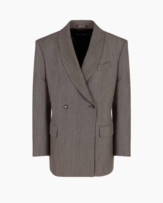 Emporio Armani Gray Mouliné Wool-Blend Chevron Motif Double-Breasted Blazer With Shawl Collar
