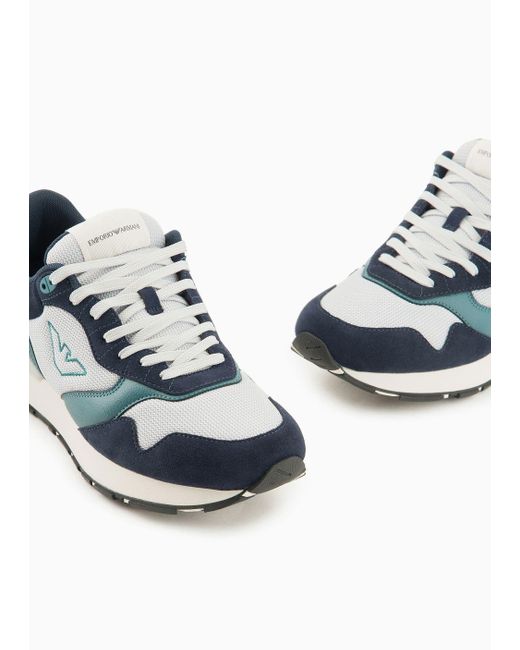 Emporio Armani Blue Mesh And Suede Sneakers With Side Eagle for men