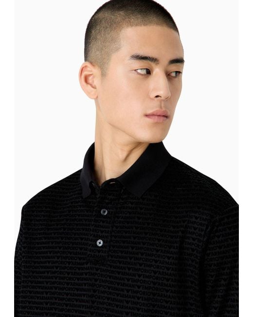 Emporio Armani Black Asv Lyocell-blend Jersey Long-sleeved Polo Shirt With All-over Flock Logo Lettering for men