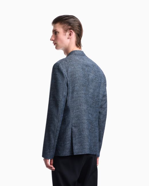 Emporio Armani Blue Unlined Tailored Wool Blazer With A Jacquard Micro Design for men