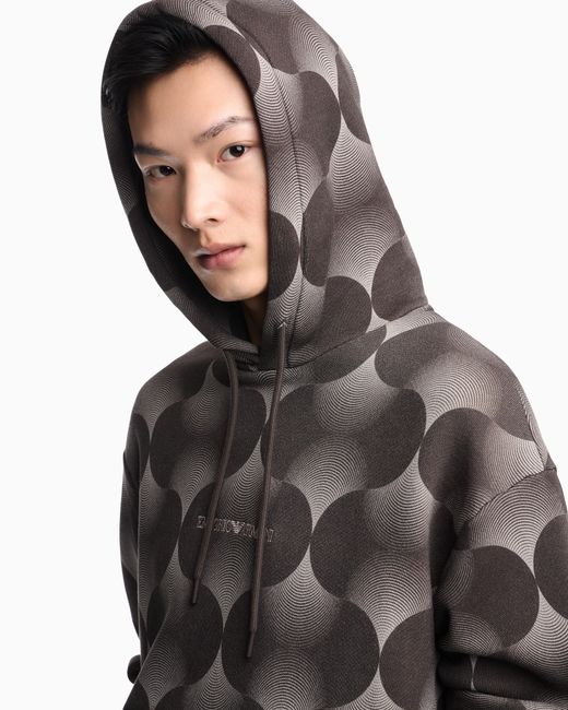Emporio Armani Gray Op-Art Print Jersey Hooded Sweatshirt for men