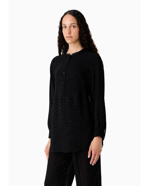 Emporio Armani Black Asv Henley Blouse In Viscose Fil Coupé With All-over Lurex Polka Dots