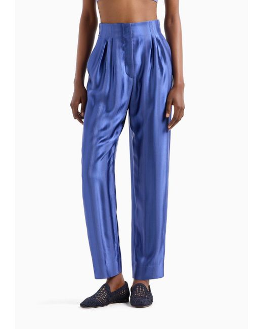 Emporio Armani Blue Oval-leg Trousers In Viscose Jacquard With Diagonal Gradient-effect Motif