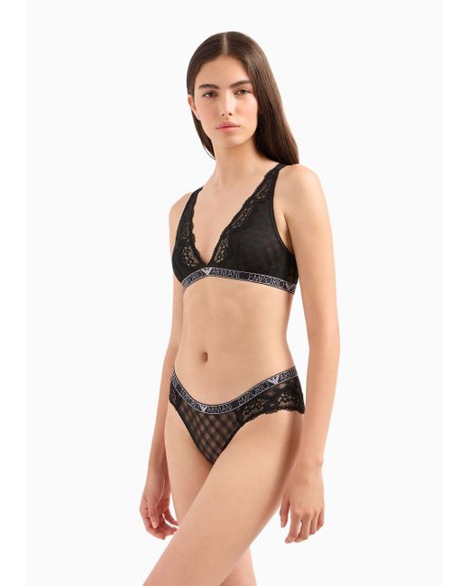 Emporio Armani Black Asv Mesh Bralette With A Gingham And Lace Pattern