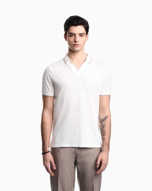 Emporio Armani White V-Neck Piqué Polo Shirt for men