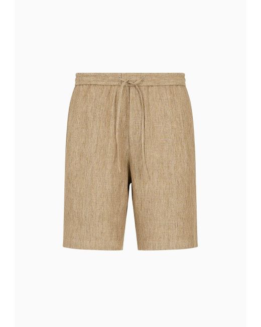 Emporio Armani Natural Bermuda Shorts In Faded Linen With A Crêpe Texture, With Drawstring for men
