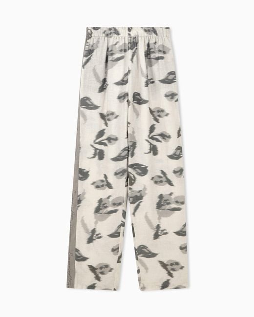 Emporio Armani White Regular Fit Linen Trousers With Chiné Flower Print