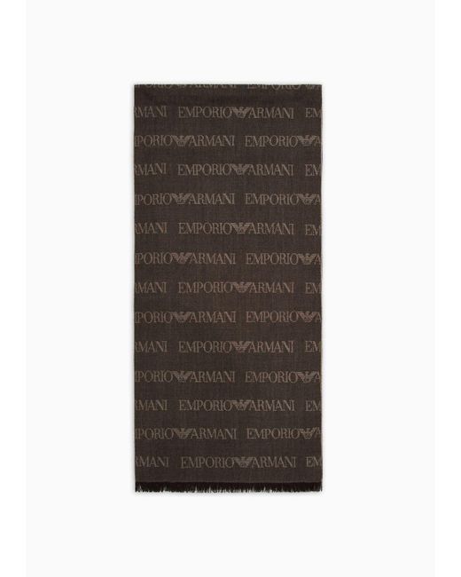 Emporio Armani Brown Virgin-wool Blend Scarf With Jacquard Logo Lettering And Fringes for men