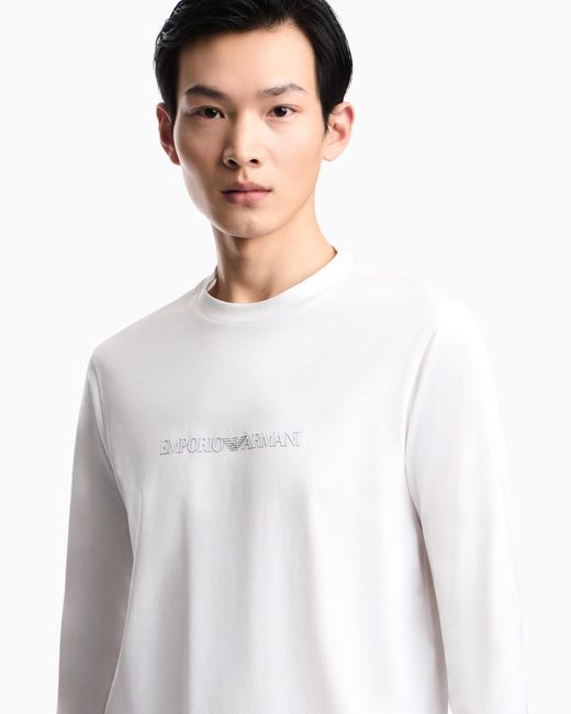 Emporio Armani White Slim-Fit Pima Jersey Jumper With Printed Logo for men