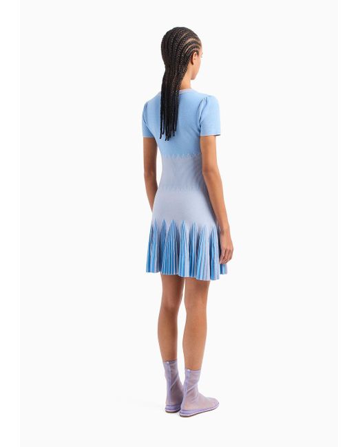 Emporio Armani Blue Checked Ottoman Dress With Pleated Skirt