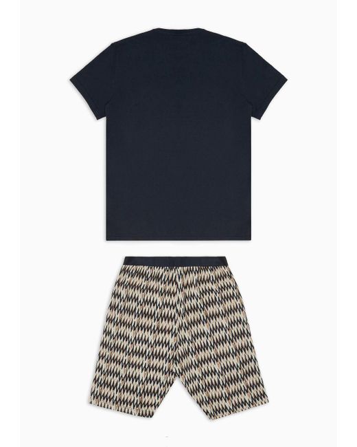 Emporio Armani Blue Comfort-fit Pyjamas With Mixed Pattern Bermuda Shorts for men