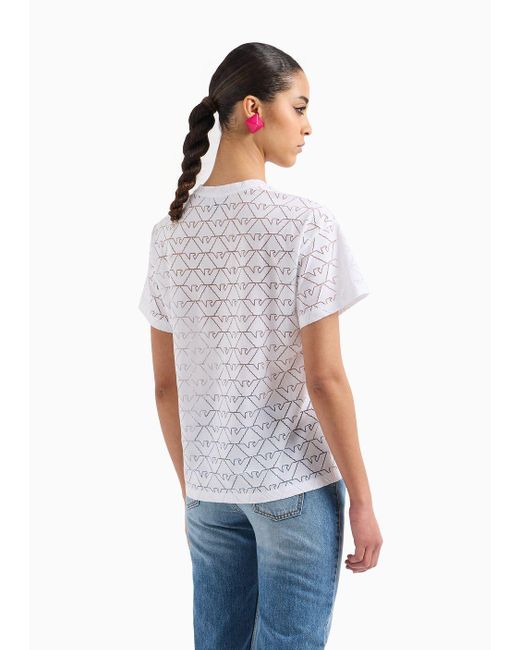 Emporio Armani White T-shirt Aus Jersey In Devoré-verarbeitung Mit Allover-adlern