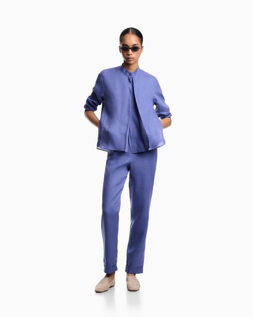 Emporio Armani Blue Pure Linen Trousers With Elasticated Waist