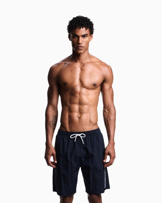 Emporio Armani Blue Bermuda Shorts With Stitched Logo Embroidery for men