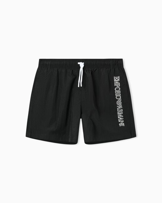 Emporio Armani Black Swim Shorts With Stitched Logo Embroidery for men