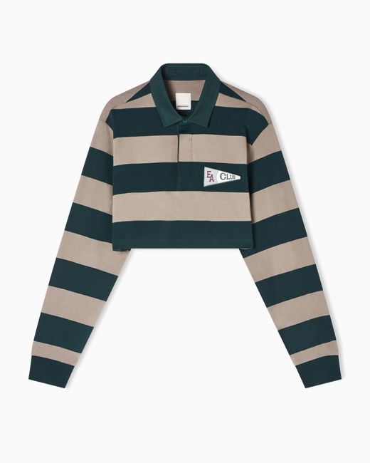 Emporio Armani Green Eagle Club, Cropped Oversized-Stripe Jersey Polo Shirt With Patch