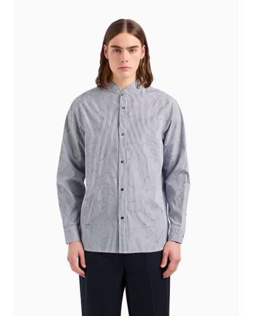 Emporio Armani Blue Comfort-fit Shirt With Guru Collar In Striped Cotton With A Palm-tree Print for men