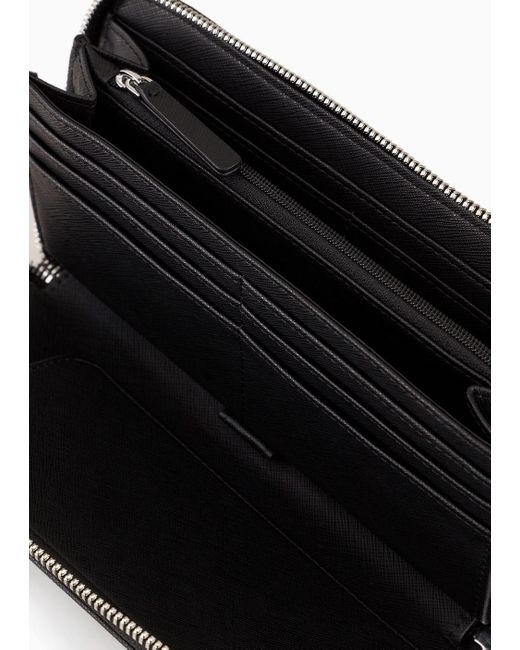 Emporio Armani Black Asv Zip-around Wallet In Regenerated Saffiano Leather With Eagle Plate for men