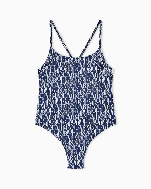 Emporio Armani Blue Padded One-Piece Swimsuit With Logomania Print