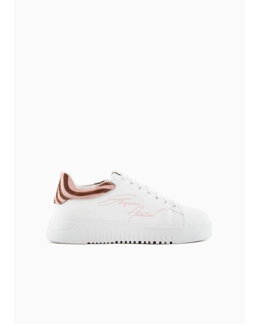 Emporio Armani White Leather Sneakers With Ponyskin Back And Signature Logo