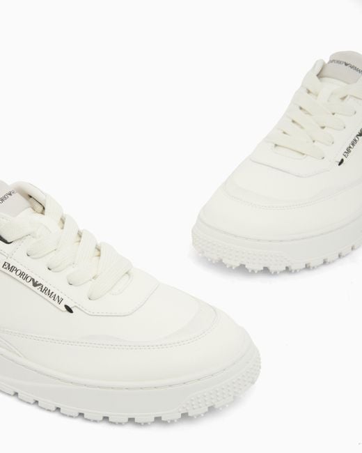 Emporio Armani White Smooth Leather Lace-Up Sneakers With A Textured Rubber Sole for men