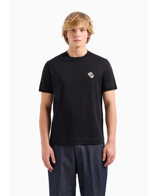 Emporio Armani Black Lightweight Jersey T-shirt With Logo Embroidery And Ribbed Trim for men