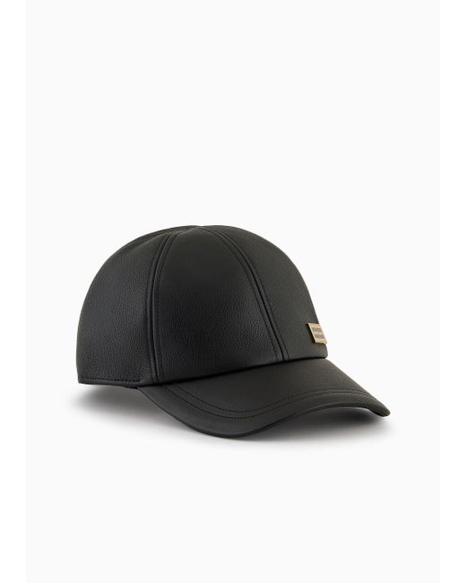 Emporio Armani Black Hammered Leather Baseball Cap for men