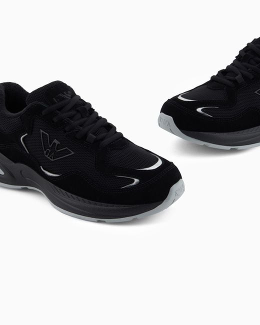 Emporio Armani Black Mesh Sneakers With Suede Details And An Eagle Logo