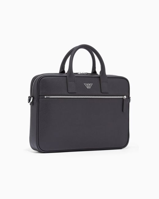 Emporio Armani Blue Regenerated Saffiano Leather Business Bag With Eagle Plate for men