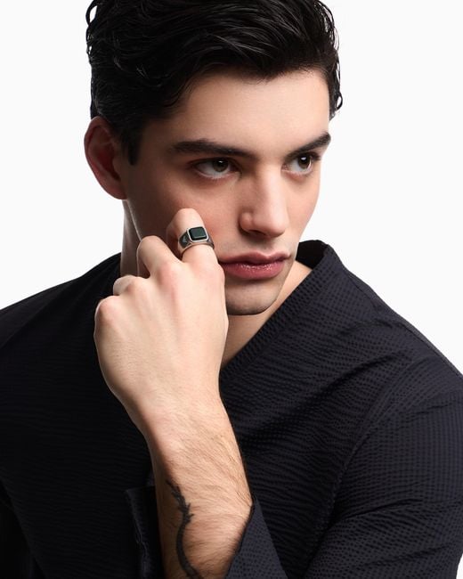 Emporio Armani White Grass Agate Stainless Steel Signet Ring for men