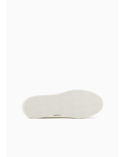 Emporio Armani White Velour Leather Slip-ons With Macro Logo