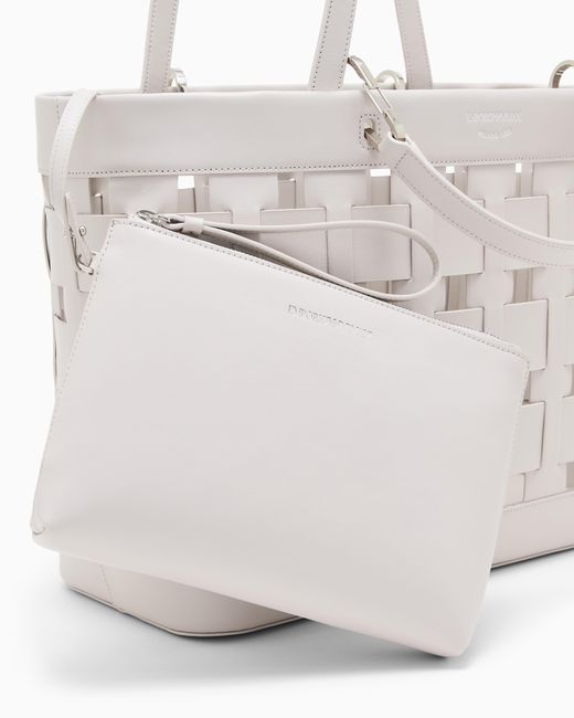 Emporio Armani White Tote Bag With Woven Design Double Handles And Pouch
