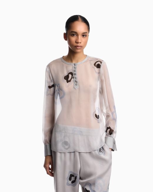 Emporio Armani Gray Silk Chiffon Blouse With Watercolour-Effect Floral Print