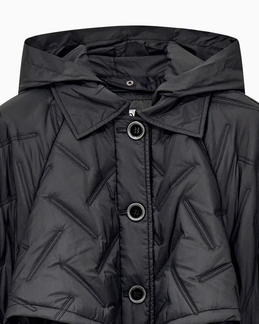 Emporio Armani Black Long Quilted Light Nylon Coat With A Hood And Belt