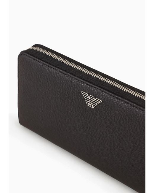 Emporio Armani Black Asv Zip-around Wallet In Regenerated Saffiano Leather With Eagle Plate for men