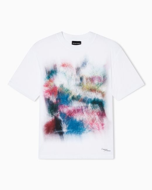 Emporio Armani White Lightweight Jersey T-Shirt With Multicolour Print