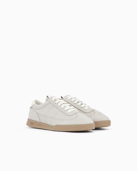 Emporio Armani White Nubuck Sneakers With Perforated Details And A Rubber Sole