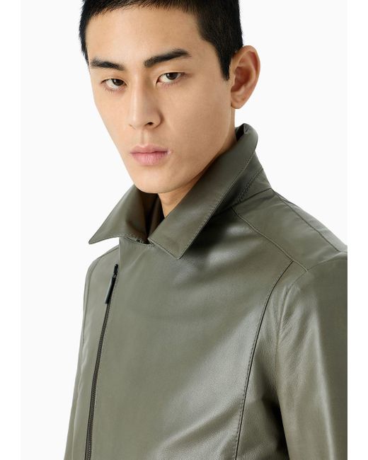 Emporio Armani Green Biker Jacket In Partially Vegetable-tanned Plonge Lamb Nappa Leather for men