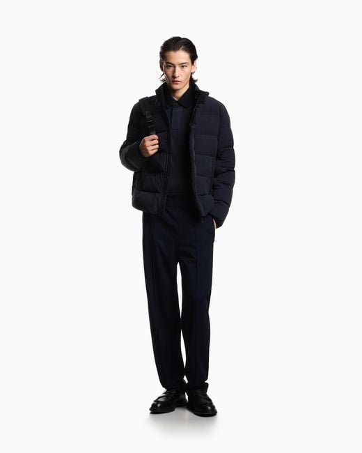 Emporio Armani Blue Water-Repellent Quilted Nylon Spandex Down Jacket for men